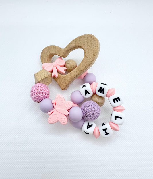 Personalized Heart Double Ringed Teething Toy in Pink & Purple