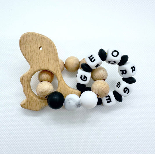 Personalized Dinosaur Double Ringed Teething Toy in Black & White