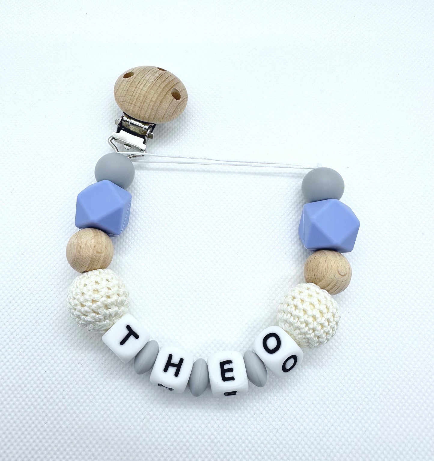 Personalized Pacifier Chain in Blue & Gray