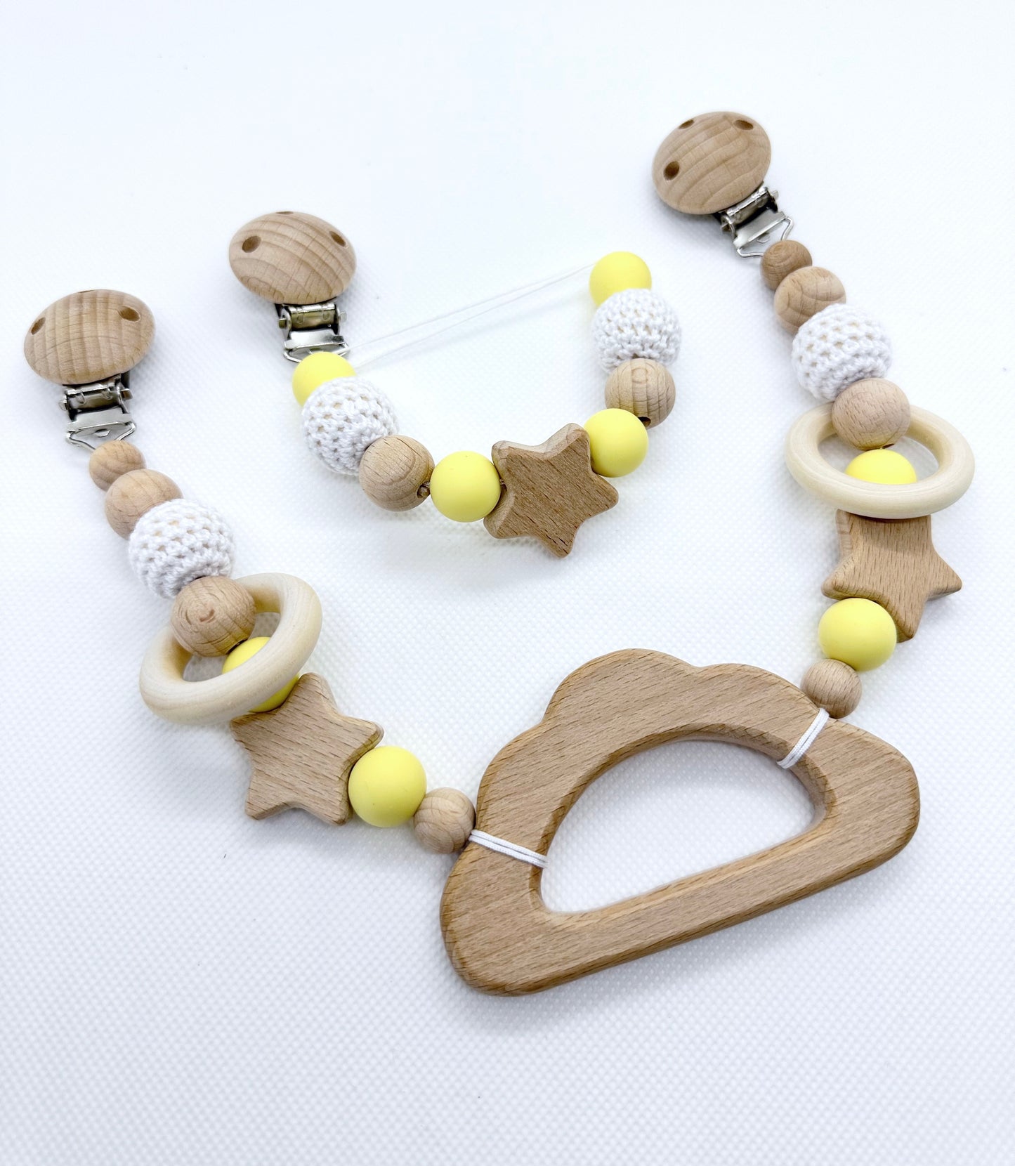 Wooden Cloud Stroller Chain Set with Matching Pacifier Clip in Yellow