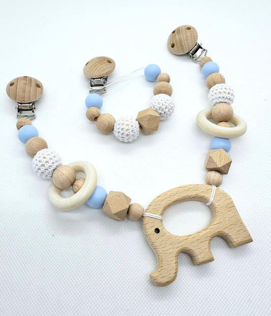 Wooden Elephant Stroller Chain Set with Matching Pacifier Clip in Blue