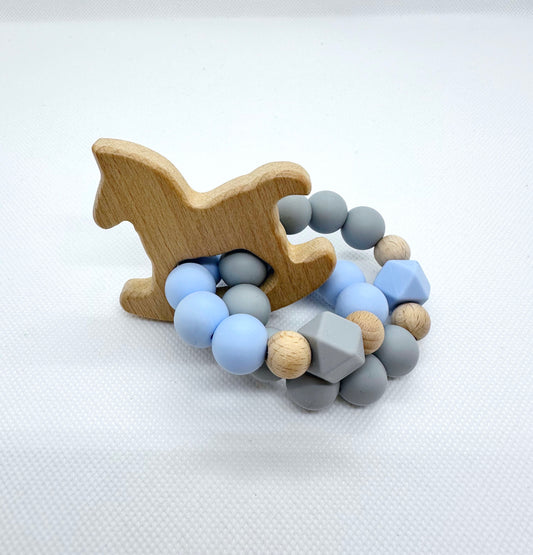 Rocking Horse Double Ringed Teething Toy in Blue & Gray