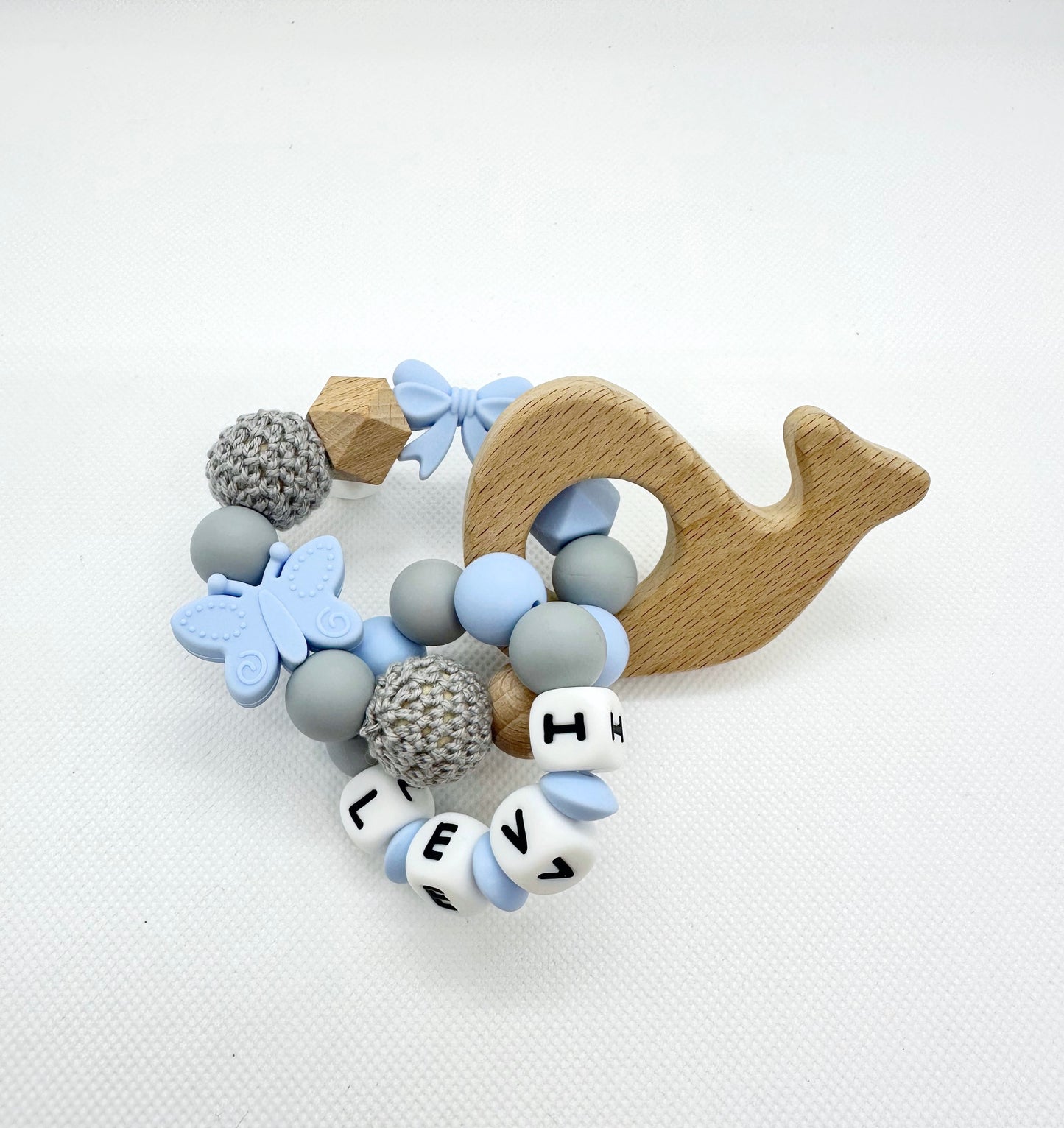 Personalized Whale Double Ringed Teething Toy in Blue & Gray