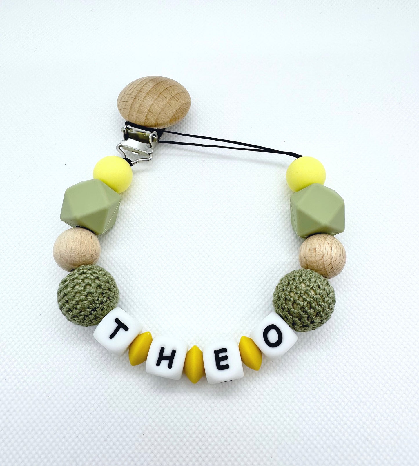 Personalized Pacifier Chain in Olive & Yellow