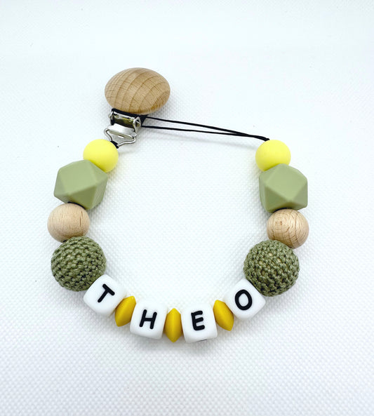 Personalized Pacifier Chain in Olive & Yellow