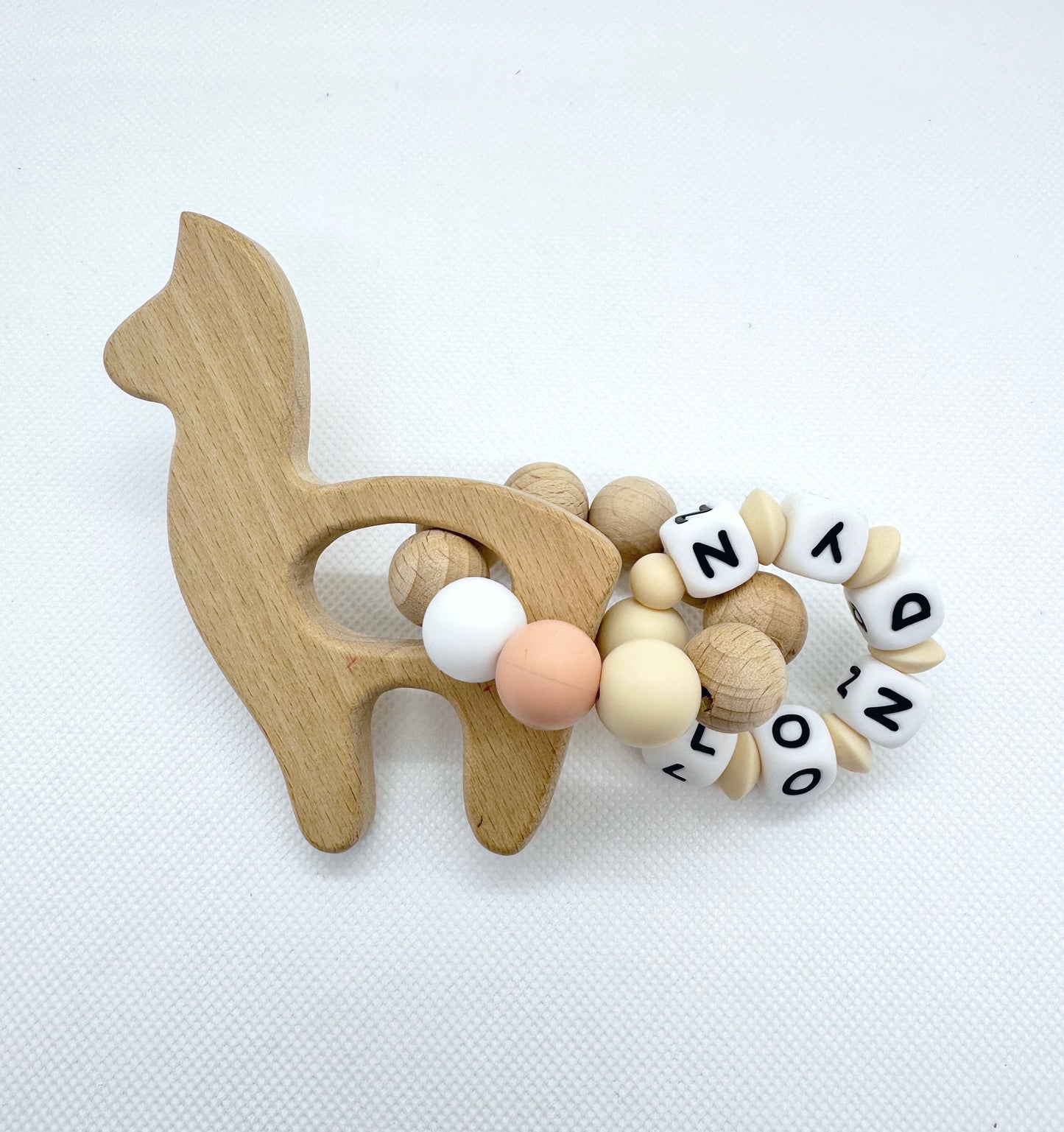 Personalized Llama Double Ringed Teething Toy in White, Peach & Cream