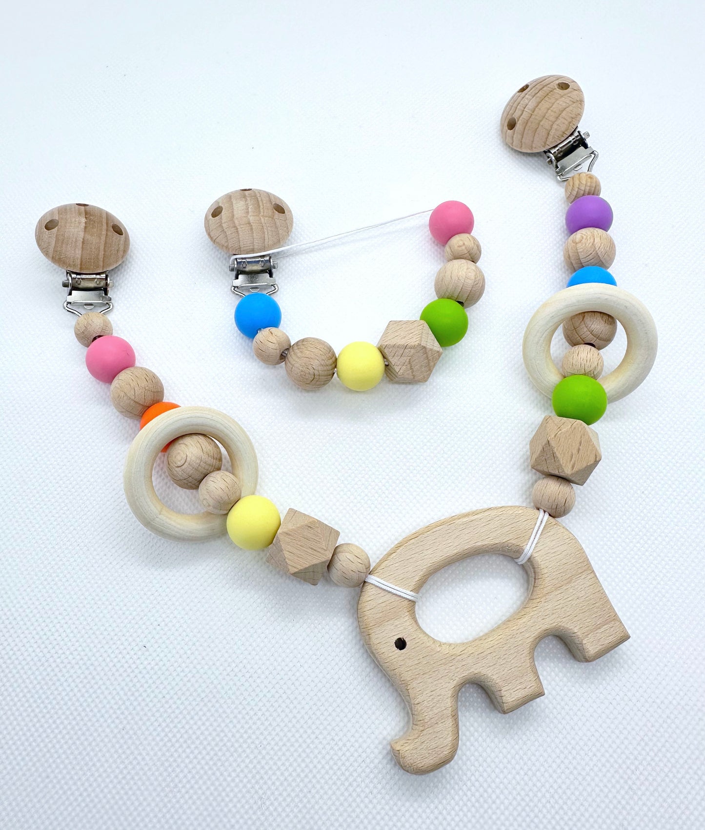 Wooden Elephant Stroller Chain Set with Matching Pacifier Clip in Rainbow