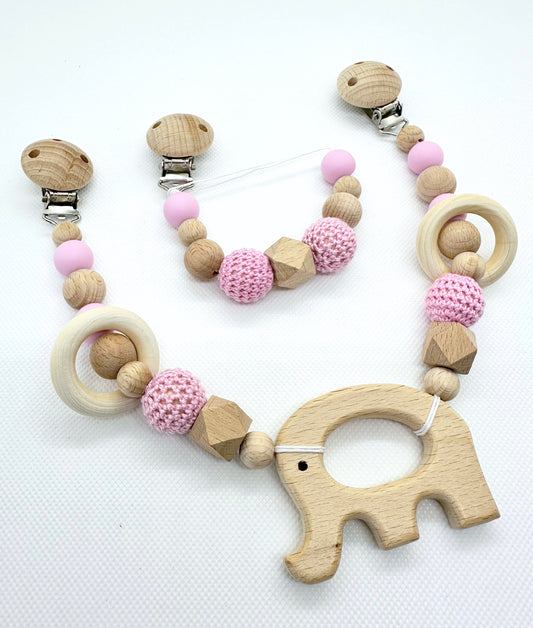 Wooden Elephant Stroller Chain Set with Matching Pacifier Clip in Pink