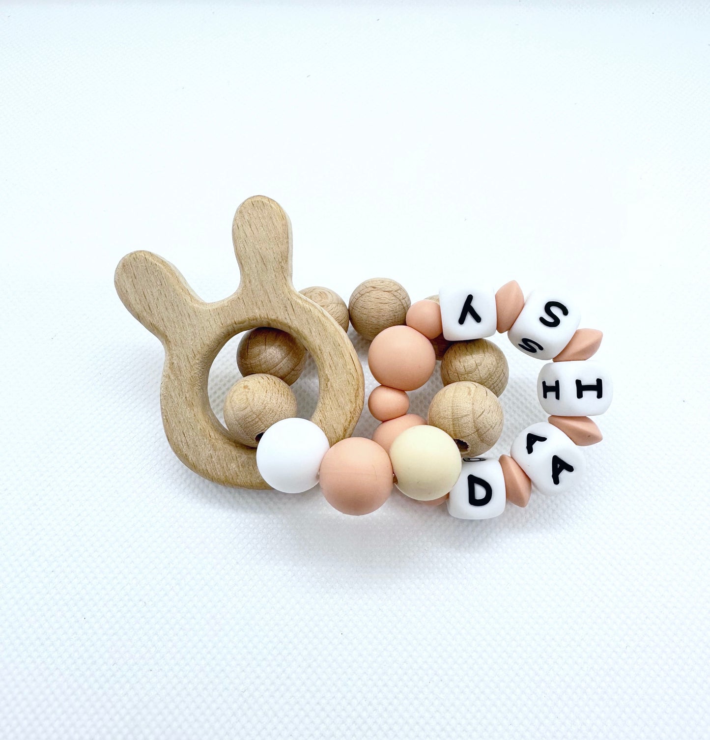 Personalized Bunny Double Ringed Teething Toy in White, Peach & Cream