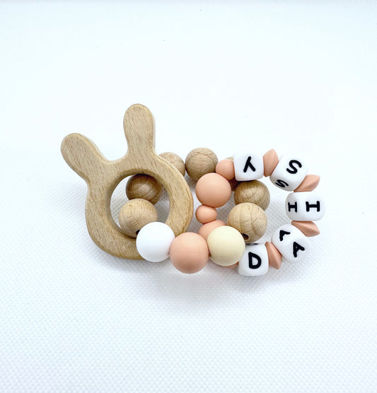 Personalized Bunny Double Ringed Teething Toy in White, Peach & Cream