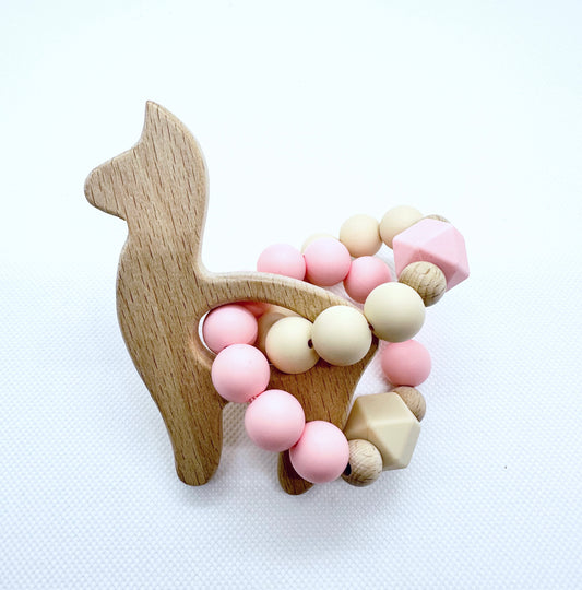 Llama Double Ringed Teething Toy in Pink & Cream