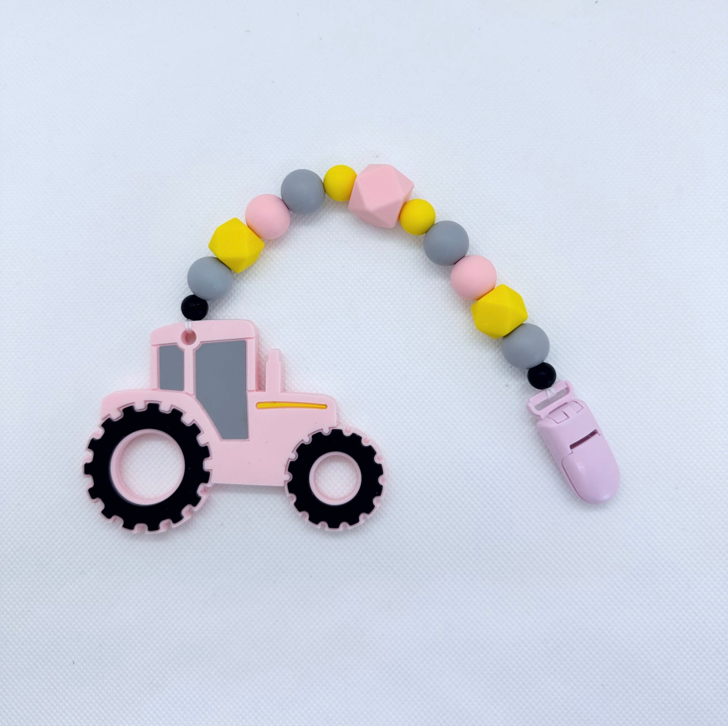 Pink Tractor Silicone Teether Chain