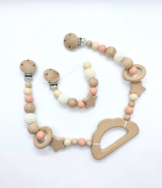 Wooden Cloud Stroller Chain Set with Matching Pacifier Clip in Peach & Cream