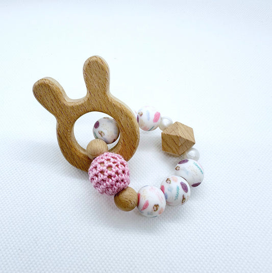 Teething Toy with Wooden Bunny in Pink