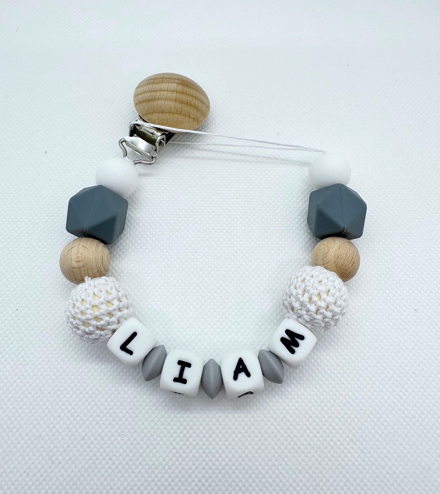 Personalized Pacifier Chain in Gray & White