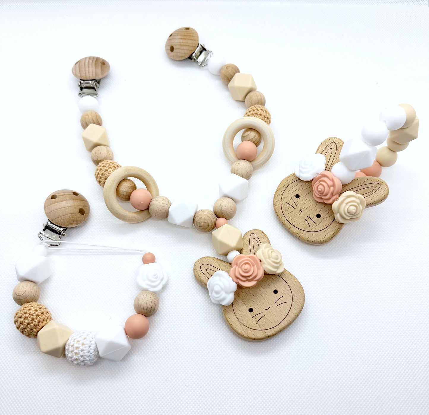 Wooden Bunny Stroller Chain Set with Matching Teething Ring and Pacifier Clip in White, Peach, & Cream